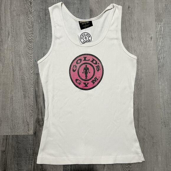 Golds Gym Womens Tank Top White/Pink Workout Gym Fitness Cute Sparkle Y2K Shirt - Picture 1 of 4